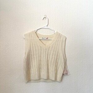 FCT Sweater Vest Womens Size L Ivory Cable Knit Cropped V-Neck Sleeveless